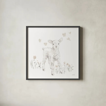 Spring Lambs I Neutral by Katrina Pete. Shown in a sleek black glass frame for a contemporary gallery look. Available as an archival giclee rolled canvas, fine art paper, or poster print. SKU 78758a.