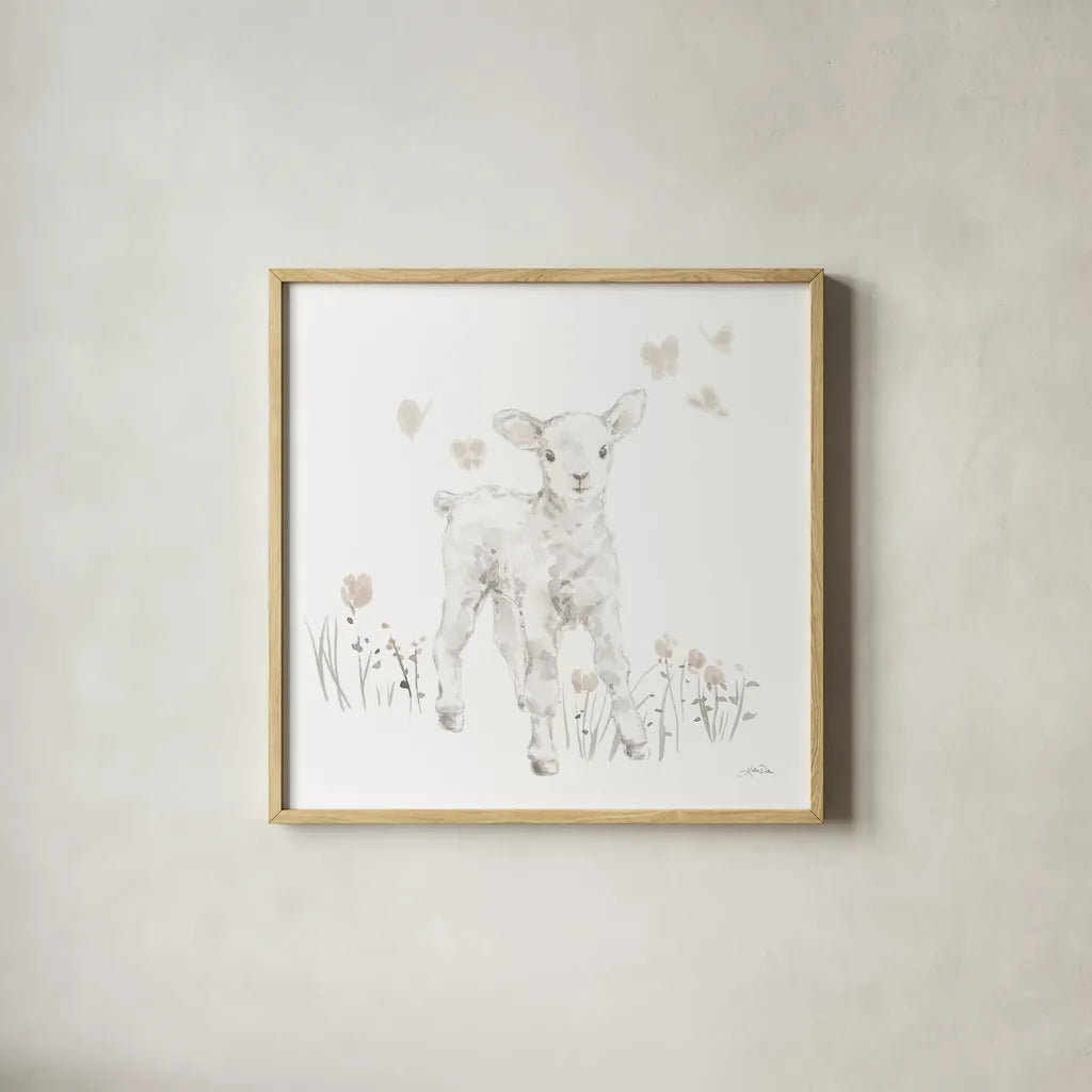 Spring Lambs I Neutral by Katrina Pete. Shown in a natural wood glass frame for a timeless modern aesthetic. Available as an archival giclee rolled canvas, fine art paper, or poster print. SKU 78758a.