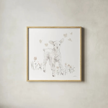 Spring Lambs I Neutral by Katrina Pete. Shown in a natural wood glass frame for a timeless modern aesthetic. Available as an archival giclee rolled canvas, fine art paper, or poster print. SKU 78758a.