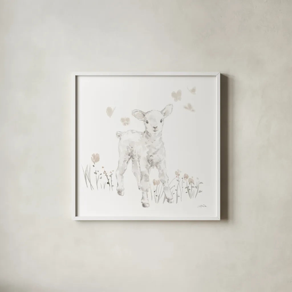 Spring Lambs I Neutral by Katrina Pete. Shown in a crisp white glass frame for a clean and minimalist style. Available as an archival giclee rolled canvas, fine art paper, or poster print. SKU 78758a.