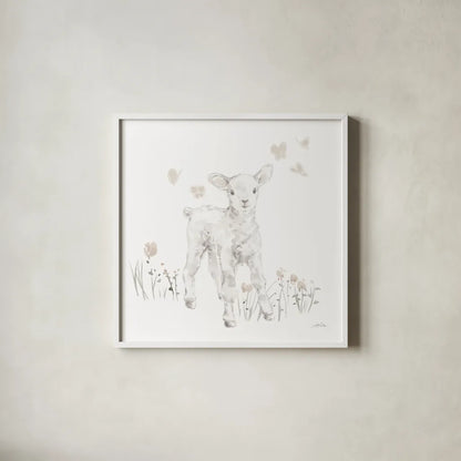 Spring Lambs I Neutral by Katrina Pete. Shown in a crisp white glass frame for a clean and minimalist style. Available as an archival giclee rolled canvas, fine art paper, or poster print. SKU 78758a.
