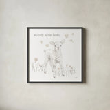 Spring Lambs I Neutral v2 by Katrina Pete. Shown in a sleek black glass frame for a contemporary gallery look. Available as an archival giclee rolled canvas, fine art paper, or poster print. SKU 97394a.