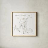 Spring Lambs I Neutral v2 by Katrina Pete. Shown in a natural wood glass frame for a timeless modern aesthetic. Available as an archival giclee rolled canvas, fine art paper, or poster print. SKU 97394a.