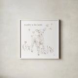 Spring Lambs I Neutral v2 by Katrina Pete. Shown in a crisp white glass frame for a clean and minimalist style. Available as an archival giclee rolled canvas, fine art paper, or poster print. SKU 97394a.