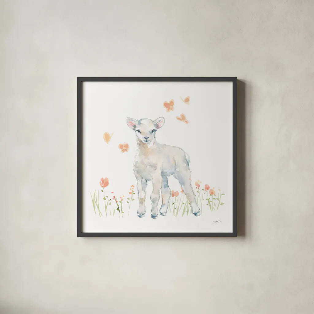 Spring Lambs II by Katrina Pete. Shown in a sleek black glass frame for a contemporary gallery look. Available as an archival giclee rolled canvas, fine art paper, or poster print. SKU 77831a.