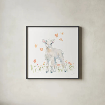 Spring Lambs II by Katrina Pete. Shown in a sleek black glass frame for a contemporary gallery look. Available as an archival giclee rolled canvas, fine art paper, or poster print. SKU 77831a.