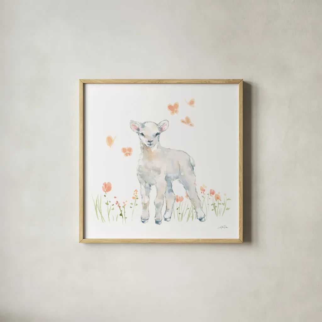 Spring Lambs II by Katrina Pete. Shown in a natural wood glass frame for a timeless modern aesthetic. Available as an archival giclee rolled canvas, fine art paper, or poster print. SKU 77831a.