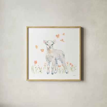 Spring Lambs II by Katrina Pete. Shown in a natural wood glass frame for a timeless modern aesthetic. Available as an archival giclee rolled canvas, fine art paper, or poster print. SKU 77831a.