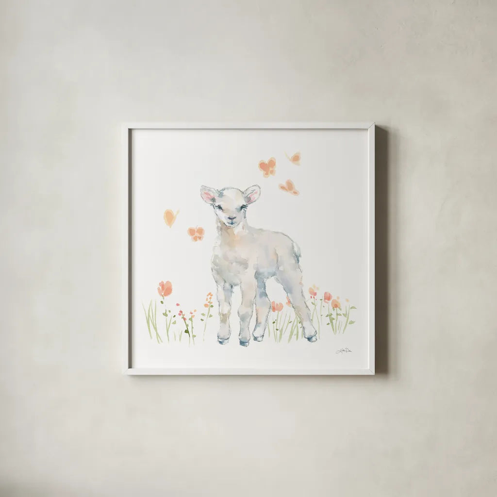 Spring Lambs II by Katrina Pete. Shown in a crisp white glass frame for a clean and minimalist style. Available as an archival giclee rolled canvas, fine art paper, or poster print. SKU 77831a.