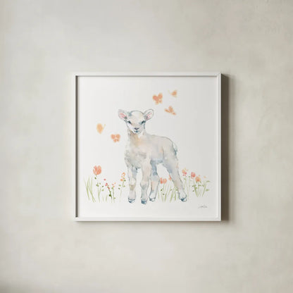 Spring Lambs II by Katrina Pete. Shown in a crisp white glass frame for a clean and minimalist style. Available as an archival giclee rolled canvas, fine art paper, or poster print. SKU 77831a.
