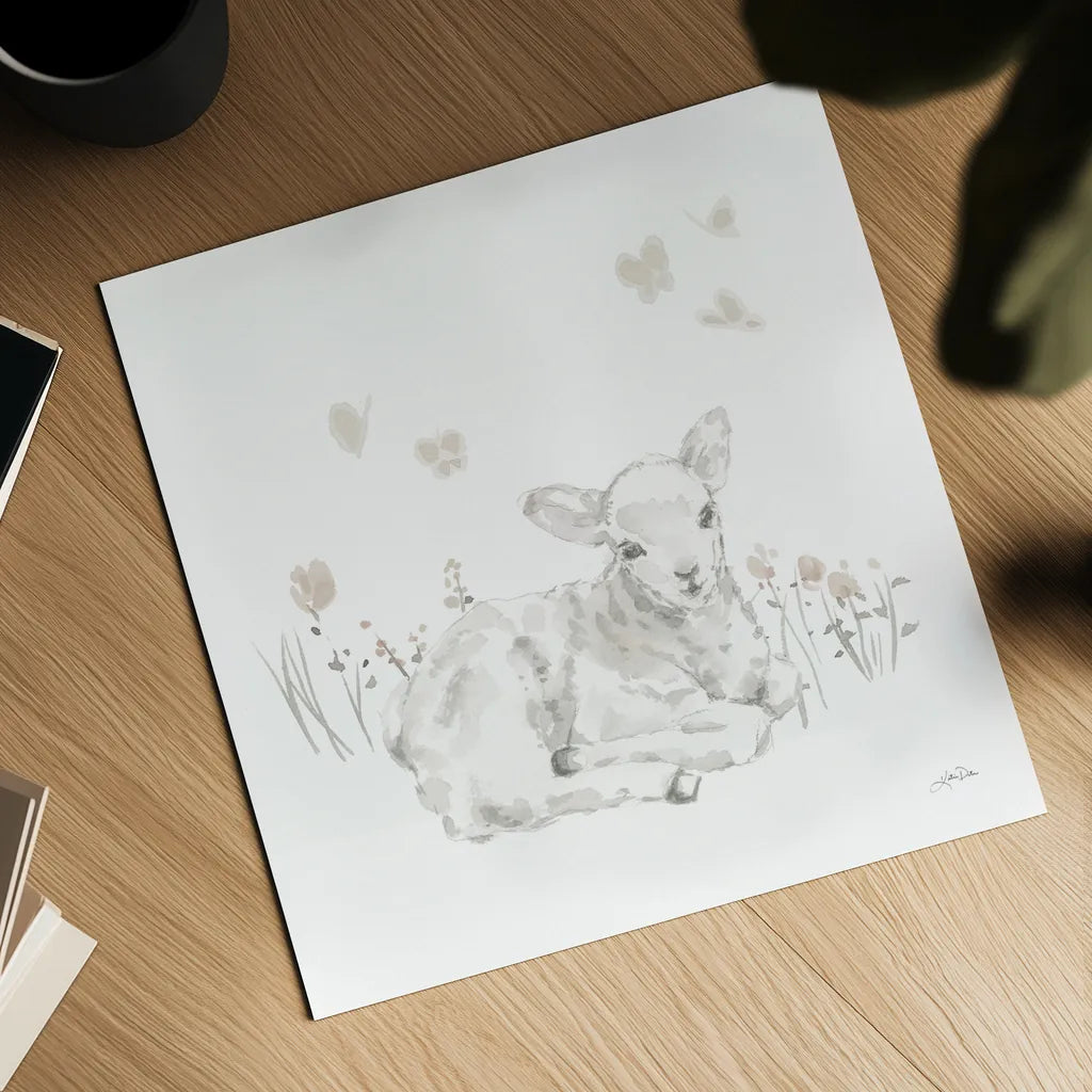 Spring Lambs III Neutral by Katrina Pete. Shown as a detailed flat fine art print, highlighting archival giclee quality. Available as an archival giclee rolled canvas, fine art paper, or poster print. SKU 78759a.