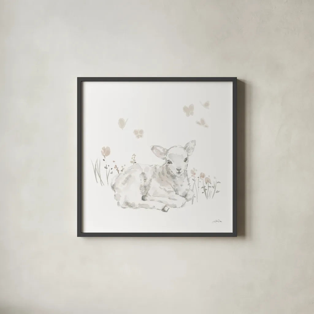 Spring Lambs III Neutral by Katrina Pete. Shown in a sleek black glass frame for a contemporary gallery look. Available as an archival giclee rolled canvas, fine art paper, or poster print. SKU 78759a.
