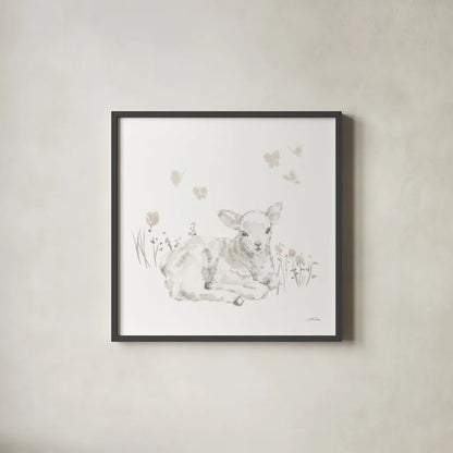 Spring Lambs III Neutral by Katrina Pete. Shown in a sleek black glass frame for a contemporary gallery look. Available as an archival giclee rolled canvas, fine art paper, or poster print. SKU 78759a.