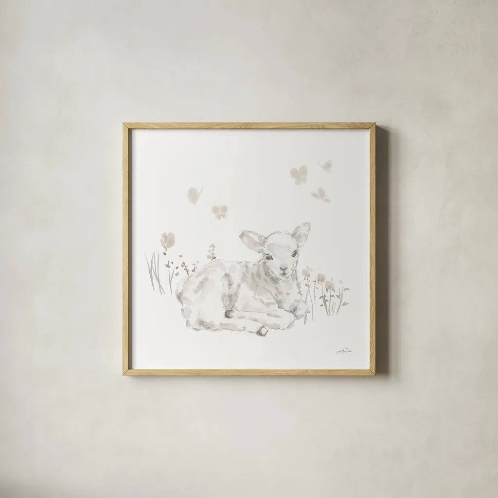 Spring Lambs III Neutral by Katrina Pete. Shown in a natural wood glass frame for a timeless modern aesthetic. Available as an archival giclee rolled canvas, fine art paper, or poster print. SKU 78759a.