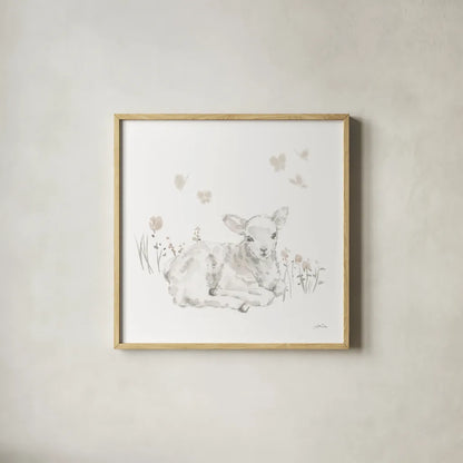 Spring Lambs III Neutral by Katrina Pete. Shown in a natural wood glass frame for a timeless modern aesthetic. Available as an archival giclee rolled canvas, fine art paper, or poster print. SKU 78759a.