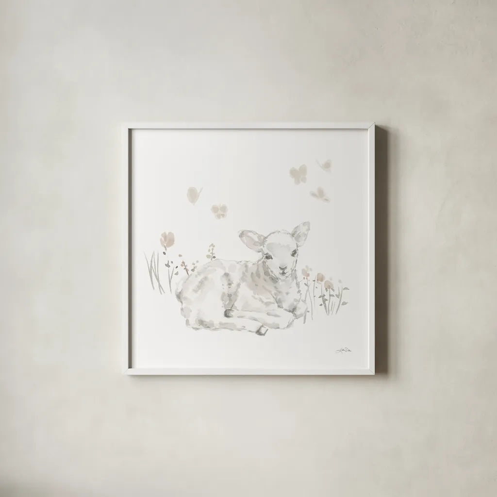 Spring Lambs III Neutral by Katrina Pete. Shown in a crisp white glass frame for a clean and minimalist style. Available as an archival giclee rolled canvas, fine art paper, or poster print. SKU 78759a.