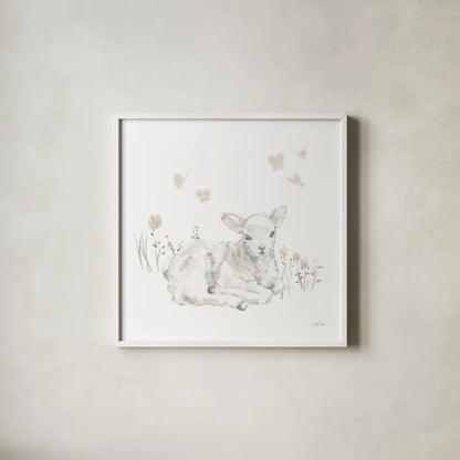 Spring Lambs III Neutral by Katrina Pete. Shown in a crisp white glass frame for a clean and minimalist style. Available as an archival giclee rolled canvas, fine art paper, or poster print. SKU 78759a.