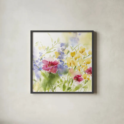 Spring Meadow I by Katrina Pete. Shown in a sleek black glass frame for a contemporary gallery look. Available as an archival giclee rolled canvas, fine art paper, or poster print. SKU 72244a.