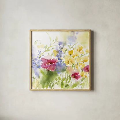 Spring Meadow I by Katrina Pete. Shown in a natural wood glass frame for a timeless modern aesthetic. Available as an archival giclee rolled canvas, fine art paper, or poster print. SKU 72244a.