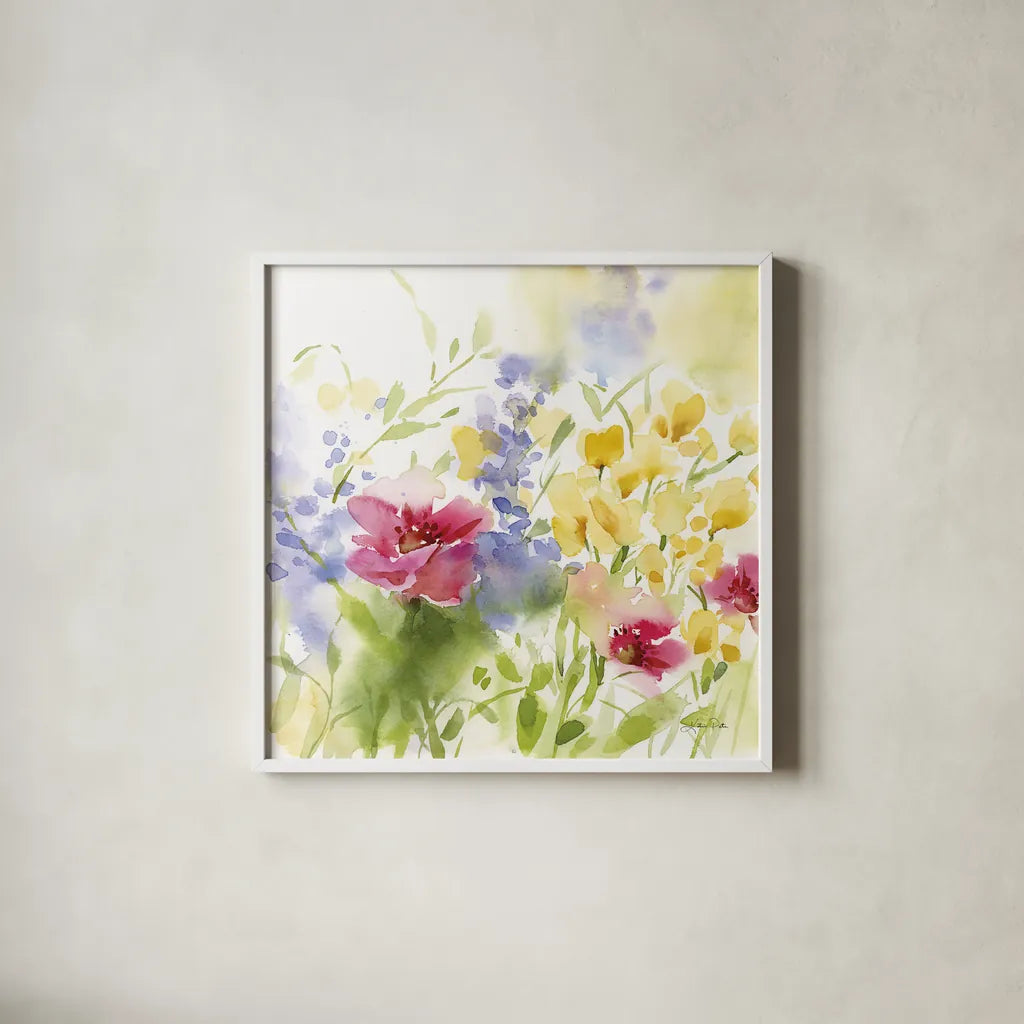 Spring Meadow I by Katrina Pete. Shown in a crisp white glass frame for a clean and minimalist style. Available as an archival giclee rolled canvas, fine art paper, or poster print. SKU 72244a.