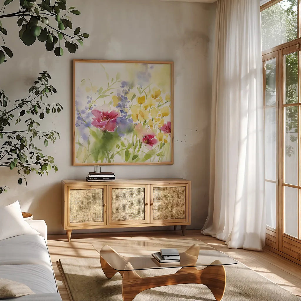 Spring Meadow I by Katrina Pete. Shown in a natural wood frame in a cozy modern living room. Available as an archival giclee rolled canvas, fine art paper, or poster print. SKU 72244a.