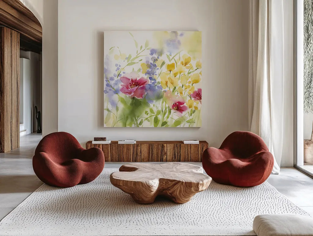 Spring Meadow I by Katrina Pete. Shown as extra-large giant wall art in a modern living room. Available as an archival giclee rolled canvas, fine art paper, or poster print. SKU 72244a.