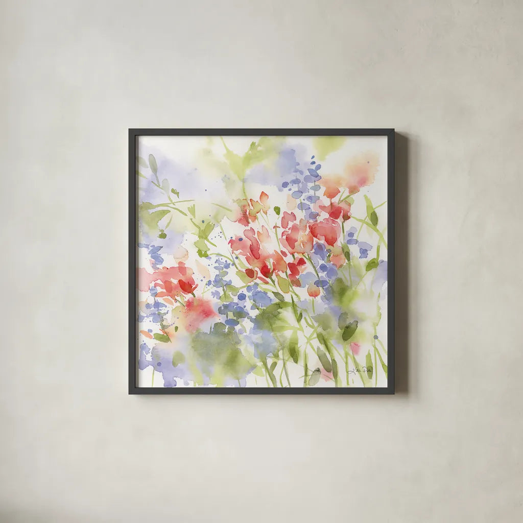 Spring Meadow II by Katrina Pete. Shown in a sleek black glass frame for a contemporary gallery look. Available as an archival giclee rolled canvas, fine art paper, or poster print. SKU 72245a.