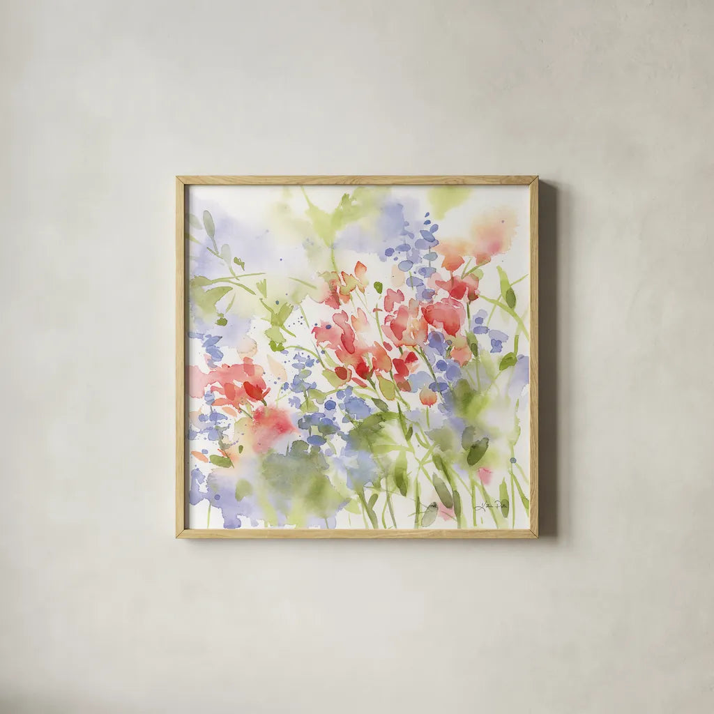 Spring Meadow II by Katrina Pete. Shown in a natural wood glass frame for a timeless modern aesthetic. Available as an archival giclee rolled canvas, fine art paper, or poster print. SKU 72245a.