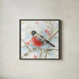 Spring Robin by Katrina Pete. Shown in a sleek black glass frame for a contemporary gallery look. Available as an archival giclee rolled canvas, fine art paper, or poster print. SKU 76170a.