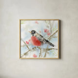 Spring Robin by Katrina Pete. Shown in a natural wood glass frame for a timeless modern aesthetic. Available as an archival giclee rolled canvas, fine art paper, or poster print. SKU 76170a.