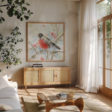 Spring Robin by Katrina Pete. Shown in a natural wood frame in a cozy modern living room. Available as an archival giclee rolled canvas, fine art paper, or poster print. SKU 76170a.