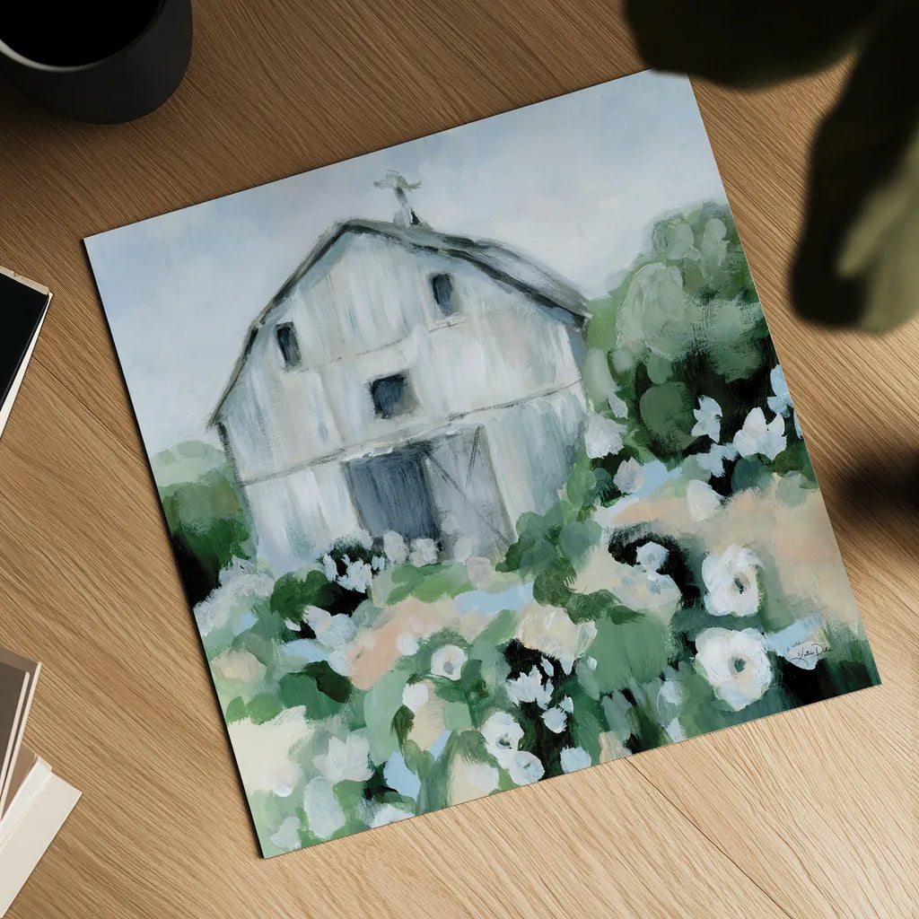 Summer Barn by Katrina Pete. Shown as a detailed flat fine art print, highlighting archival giclee quality. Available as an archival giclee rolled canvas, fine art paper, or poster print. SKU 76010a.