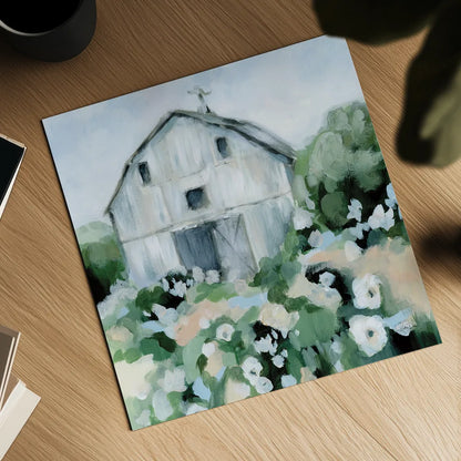 Summer Barn by Katrina Pete. Shown as a detailed flat fine art print, highlighting archival giclee quality. Available as an archival giclee rolled canvas, fine art paper, or poster print. SKU 76010a.