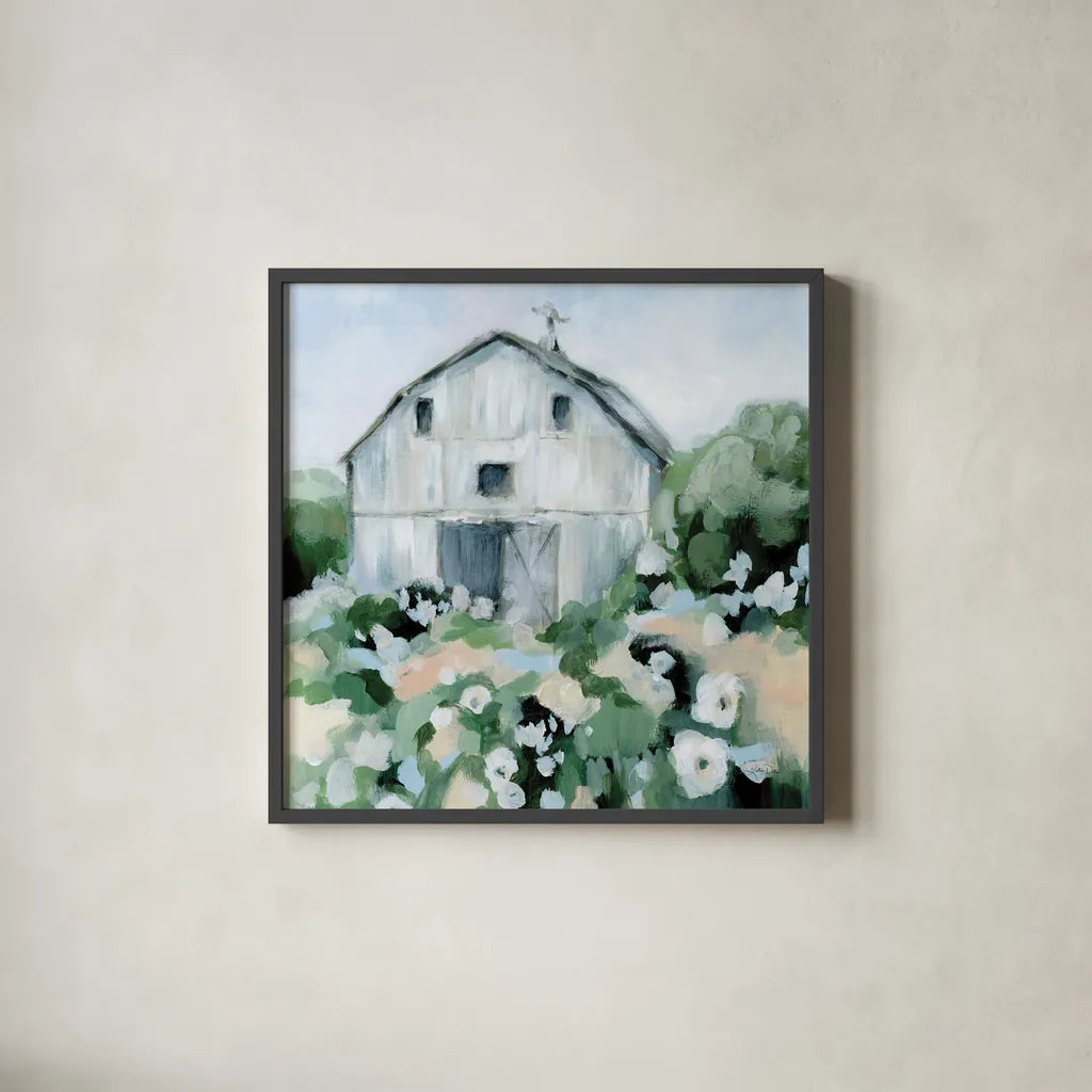 Summer Barn by Katrina Pete. Shown in a sleek black glass frame for a contemporary gallery look. Available as an archival giclee rolled canvas, fine art paper, or poster print. SKU 76010a.