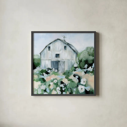 Summer Barn by Katrina Pete. Shown in a sleek black glass frame for a contemporary gallery look. Available as an archival giclee rolled canvas, fine art paper, or poster print. SKU 76010a.