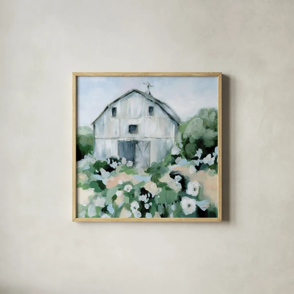 Summer Barn by Katrina Pete. Shown in a natural wood glass frame for a timeless modern aesthetic. Available as an archival giclee rolled canvas, fine art paper, or poster print. SKU 76010a.