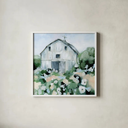 Summer Barn by Katrina Pete. Shown in a crisp white glass frame for a clean and minimalist style. Available as an archival giclee rolled canvas, fine art paper, or poster print. SKU 76010a.