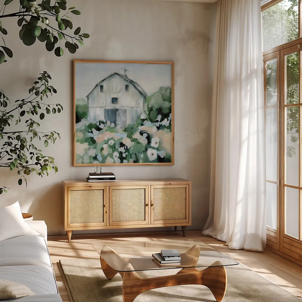 Summer Barn by Katrina Pete. Shown in a natural wood frame in a cozy modern living room. Available as an archival giclee rolled canvas, fine art paper, or poster print. SKU 76010a.
