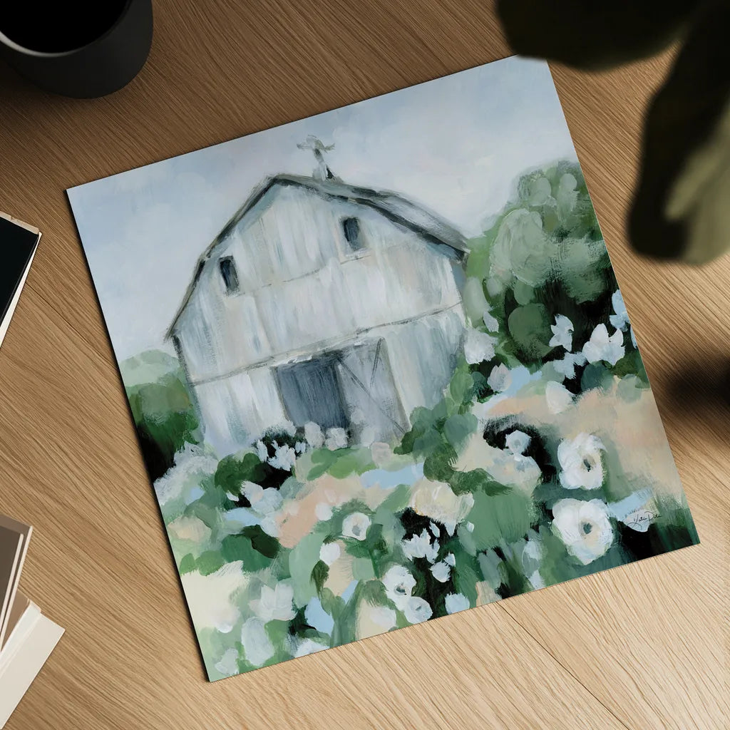 Summer Barn II by Katrina Pete. Shown as a detailed flat fine art print, highlighting archival giclee quality. Available as an archival giclee rolled canvas, fine art paper, or poster print. SKU 76369a.