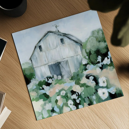 Summer Barn II by Katrina Pete. Shown as a detailed flat fine art print, highlighting archival giclee quality. Available as an archival giclee rolled canvas, fine art paper, or poster print. SKU 76369a.