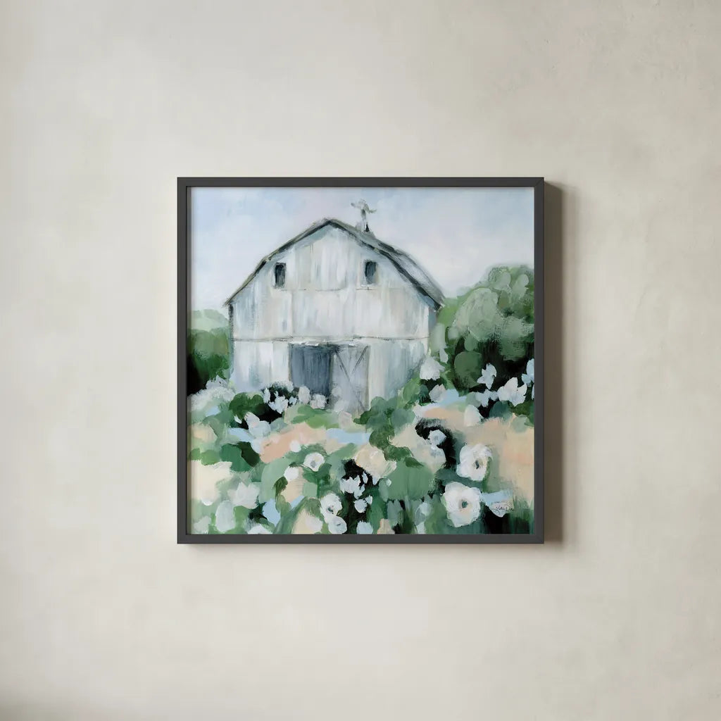Summer Barn II by Katrina Pete. Shown in a sleek black glass frame for a contemporary gallery look. Available as an archival giclee rolled canvas, fine art paper, or poster print. SKU 76369a.