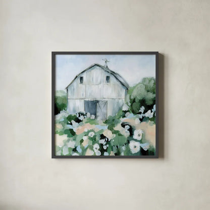 Summer Barn II by Katrina Pete. Shown in a sleek black glass frame for a contemporary gallery look. Available as an archival giclee rolled canvas, fine art paper, or poster print. SKU 76369a.
