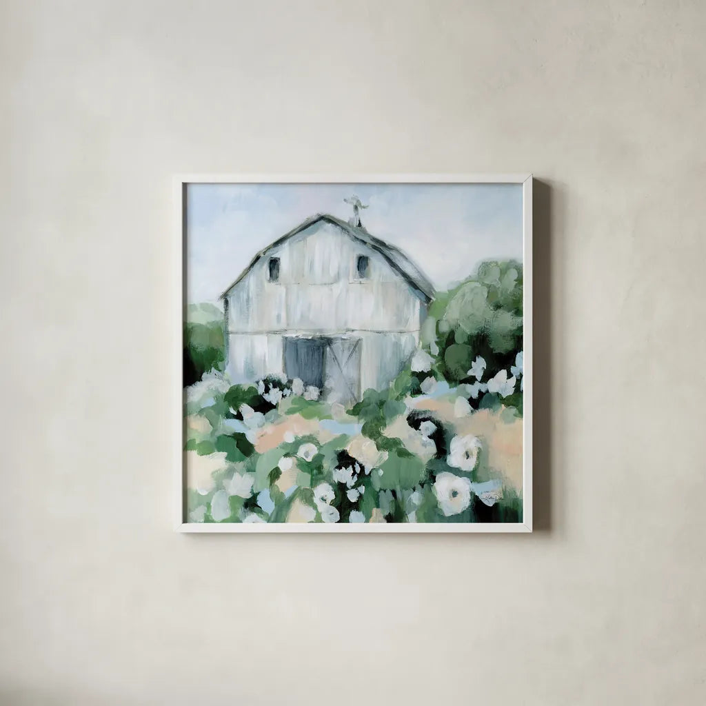 Summer Barn II by Katrina Pete. Shown in a crisp white glass frame for a clean and minimalist style. Available as an archival giclee rolled canvas, fine art paper, or poster print. SKU 76369a.