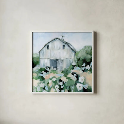 Summer Barn II by Katrina Pete. Shown in a crisp white glass frame for a clean and minimalist style. Available as an archival giclee rolled canvas, fine art paper, or poster print. SKU 76369a.