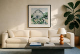 Summer Barn II by Katrina Pete. Displayed in a glass frame with matte in a clean modern living room. Available as an archival giclee rolled canvas, fine art paper, or poster print. SKU 76369a.