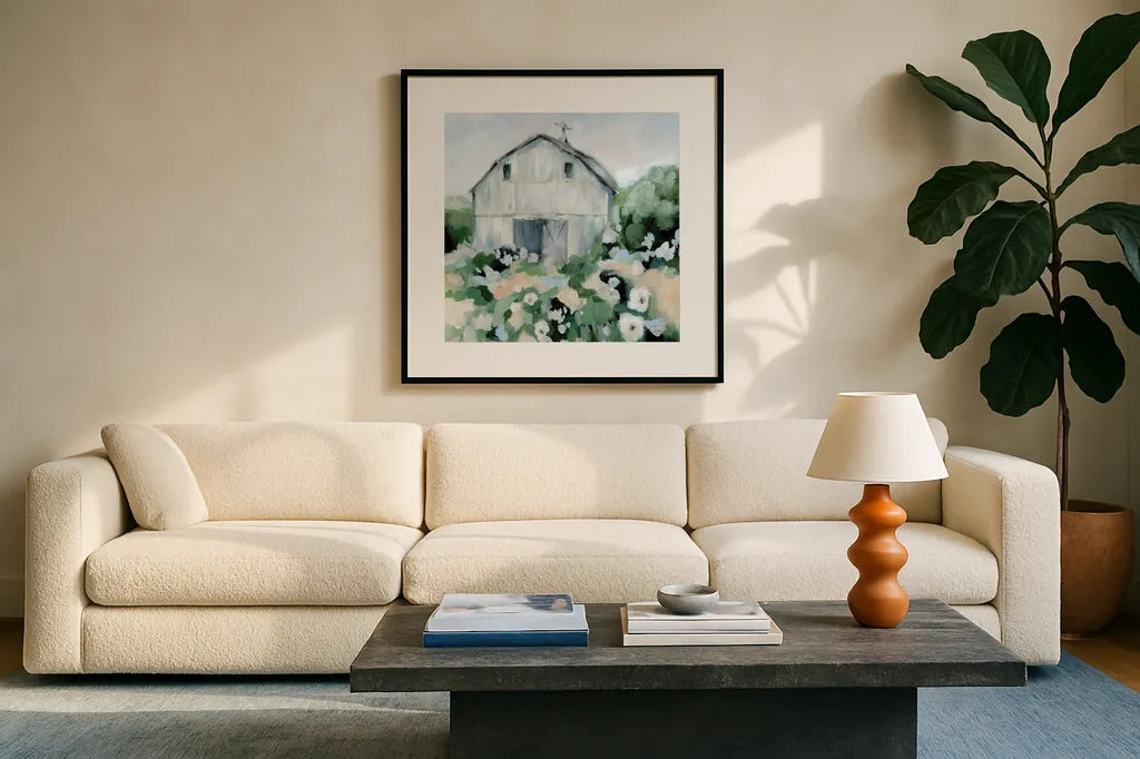 Summer Barn II by Katrina Pete. Displayed in a glass frame with matte in a clean modern living room. Available as an archival giclee rolled canvas, fine art paper, or poster print. SKU 76369a.