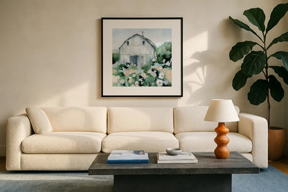 Summer Barn II by Katrina Pete. Displayed in a glass frame with matte in a clean modern living room. Available as an archival giclee rolled canvas, fine art paper, or poster print. SKU 76369a.