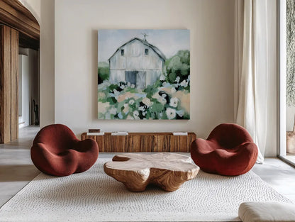 Summer Barn II by Katrina Pete. Shown as extra-large giant wall art in a modern living room. Available as an archival giclee rolled canvas, fine art paper, or poster print. SKU 76369a.