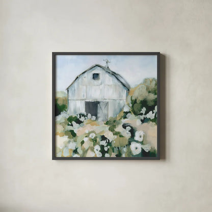 Summer Barn One Window Neutral by Katrina Pete. Shown in a sleek black glass frame for a contemporary gallery look. Available as an archival giclee rolled canvas, fine art paper, or poster print. SKU 76376a.