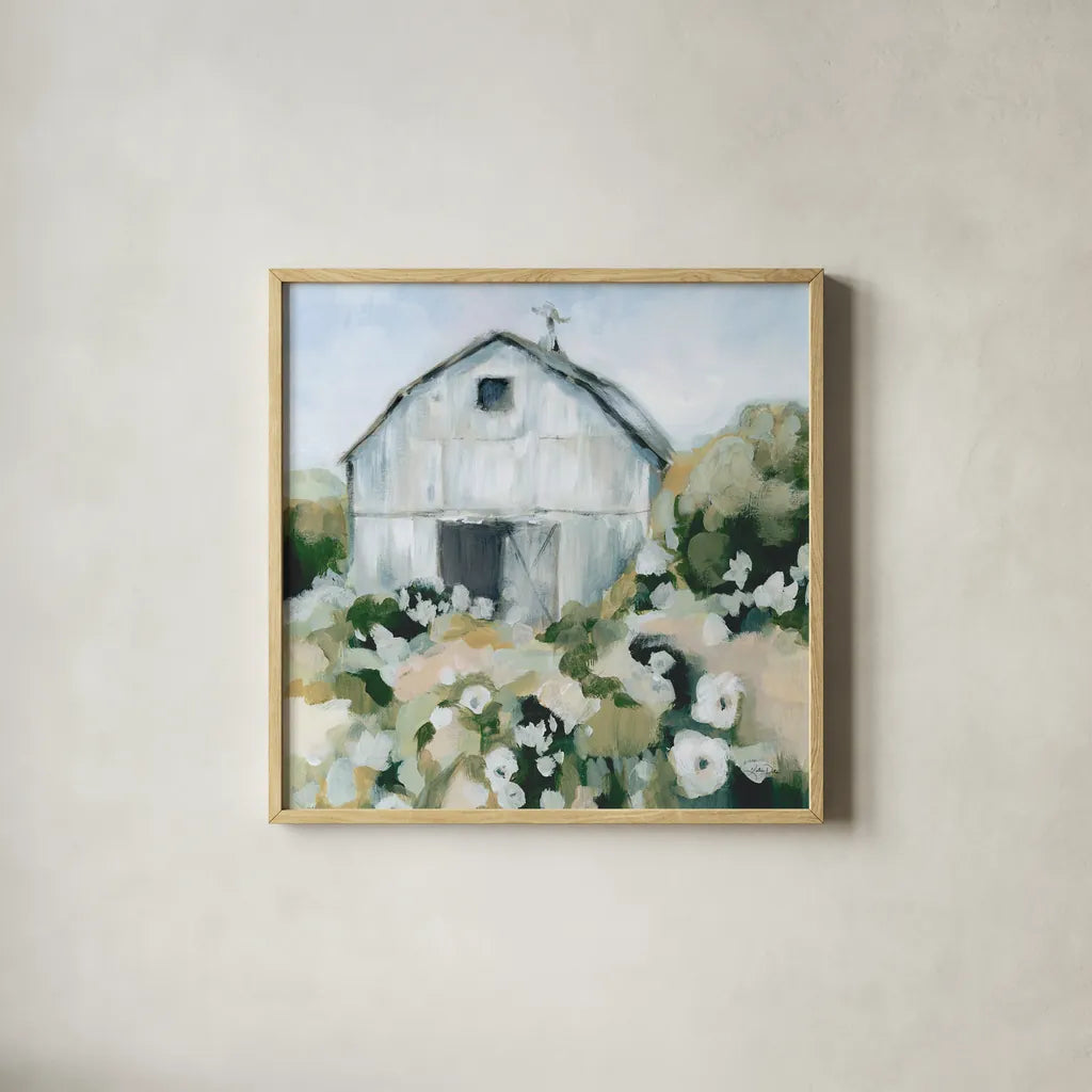 Summer Barn One Window Neutral by Katrina Pete. Shown in a natural wood glass frame for a timeless modern aesthetic. Available as an archival giclee rolled canvas, fine art paper, or poster print. SKU 76376a.
